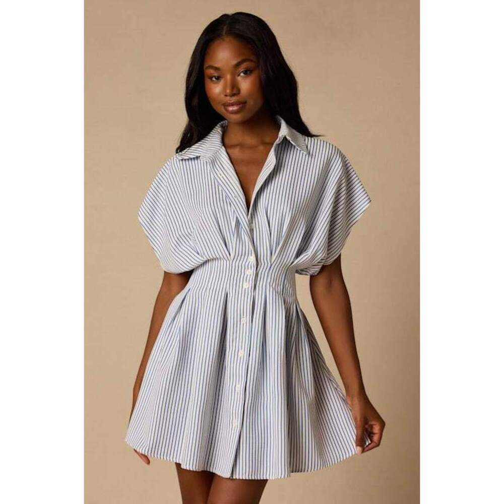 Lulus Lisha Blue And Ivory Striped Collared Mini Dress - Size XS